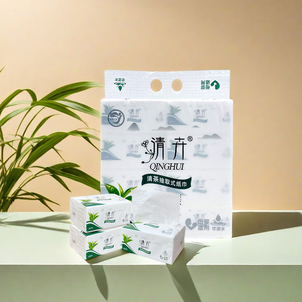 Qinghui 380 sheets Pull-out Facial Tissues (green tea 8 packs per set)