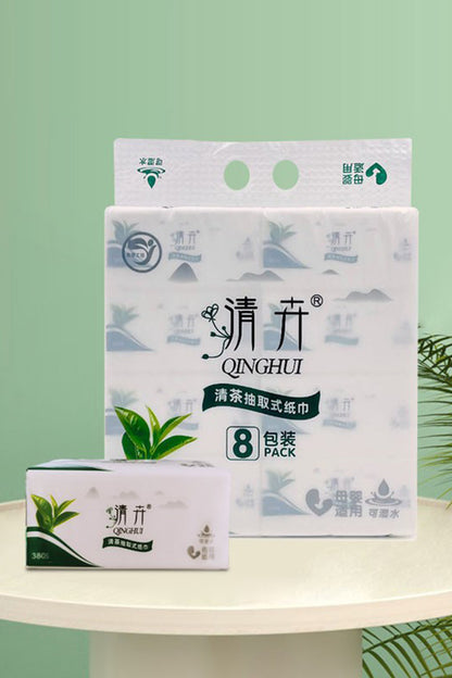 Qinghui 380 sheets Pull-out Facial Tissues (green tea 8 packs per set)